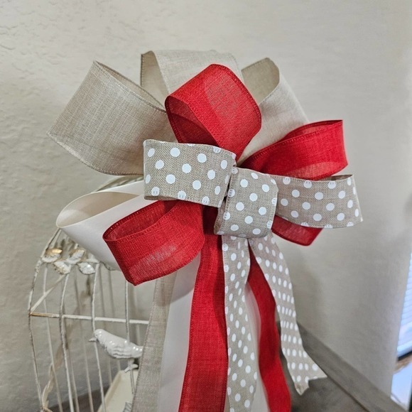 Christmas Bow, Handmade Holiday Bow, Tree Topper, Wreath Accent, Polka Dot Bow - Picture 4 of 9